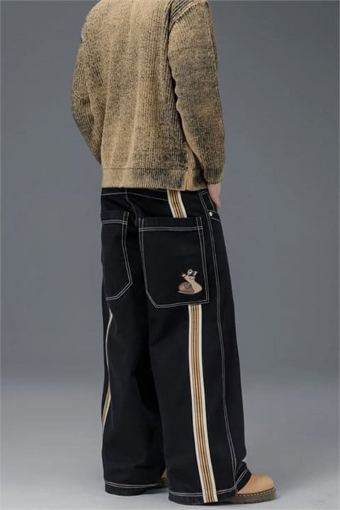 Siyah Dikiş İzli Yan Şeritli Snail Y2K Unisex Baggy Pantolon