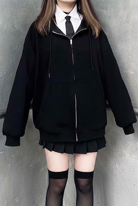 Siyah Düz Oversize Kalın Kapüşonlu Unisex Hırka