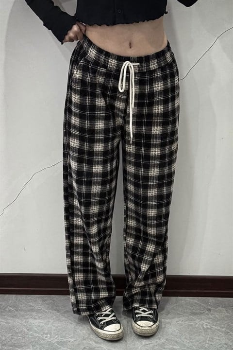 Siyah Ekoseli Beli Lastikli Y2K Unisex Eşofman