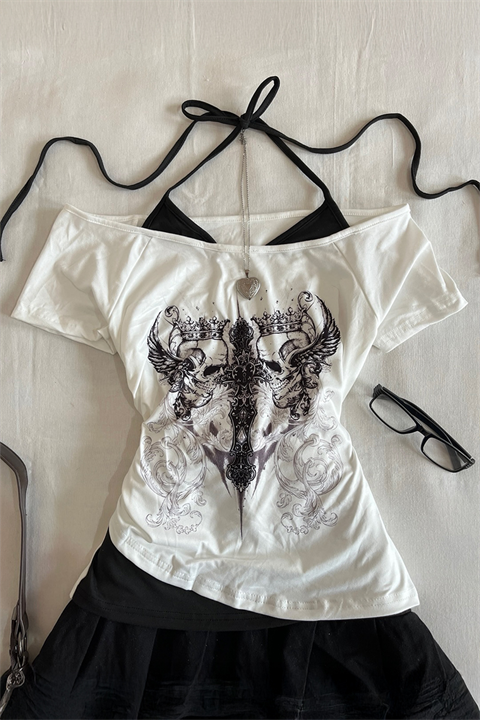 Siyah Gotik Aesthetic Skulls Cross Ekli Bağlamalı Y2K Kısa Kollu Crop