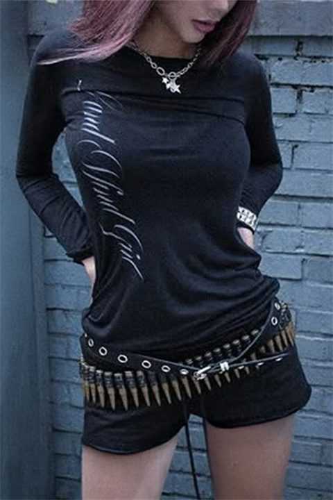Siyah Gotik Sırt Baskılı Wing Geniş Yaka Y2K Uzun Kollu Crop