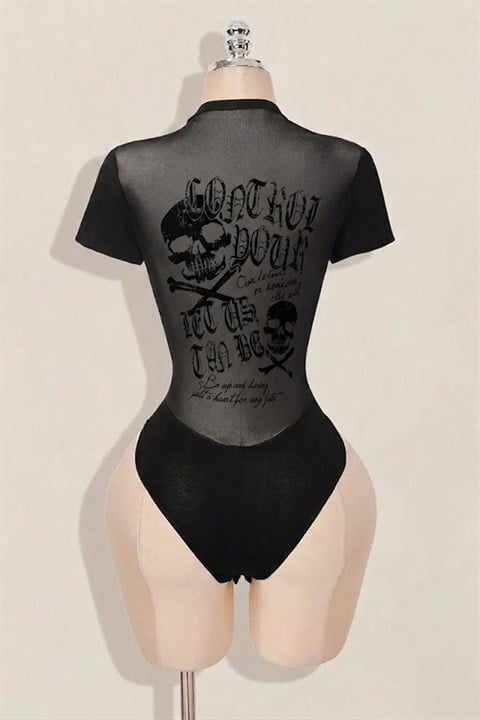 Siyah Gotik Skulls Control Transparan Kısa Kollu Çıtçıtlı Body