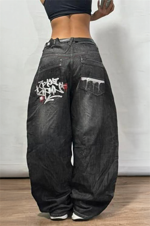 Siyah Grafiti Yıkamalı Harajuku Baggy Y2K Pantolon