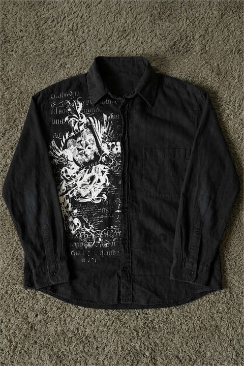 Siyah Grunge Tipografik Gotik Y2K Unisex Uzun Kollu Gömlek