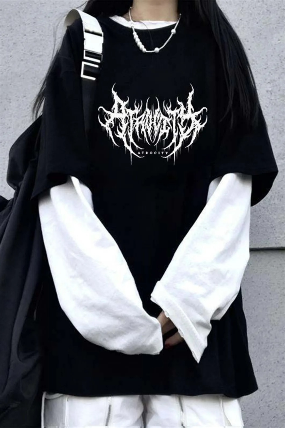 Siyah Harajuku Gothic Atrocity Beyaz Kollu (Unisex) T-Shirt