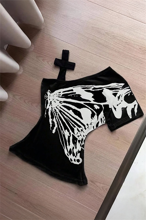 Siyah Kelebek Kanatlı Askılı Grunge Y2K Kısa Kollu Crop