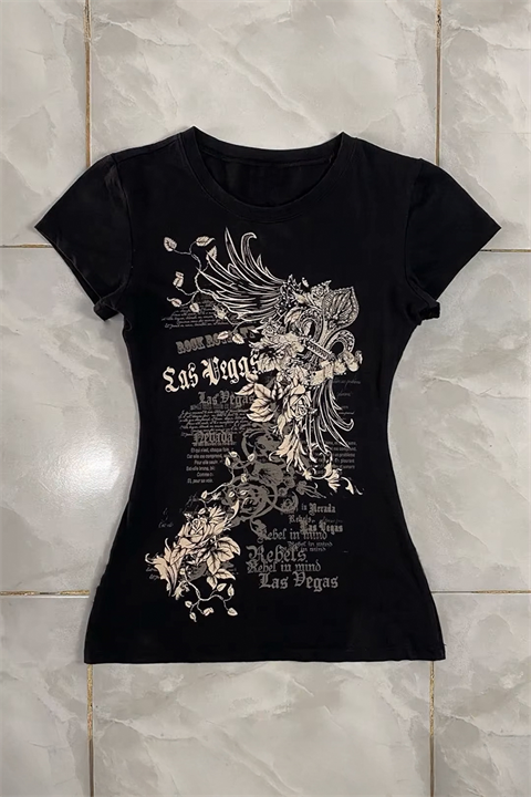Siyah Las Vegas Rebels Grunge Y2K Kısa Kollu Crop