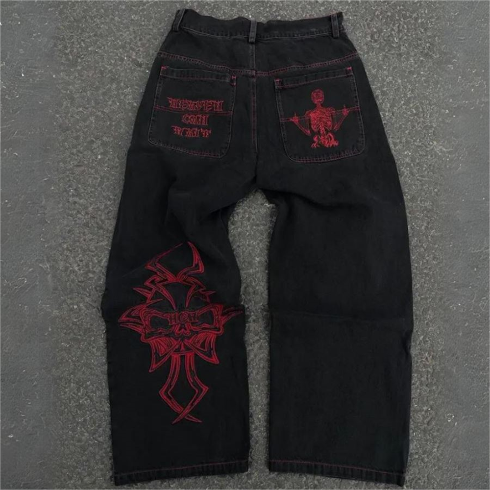 Siyah Nakışlı Skeleton Heaven Can Wait Streetwear Jean Pantolon