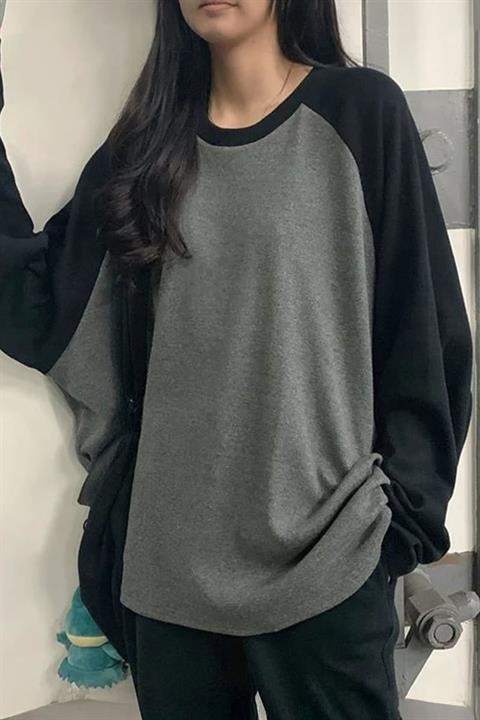 Siyah Raglan Kollu Antrasit Basic Y2K Unisex Sweatshirt