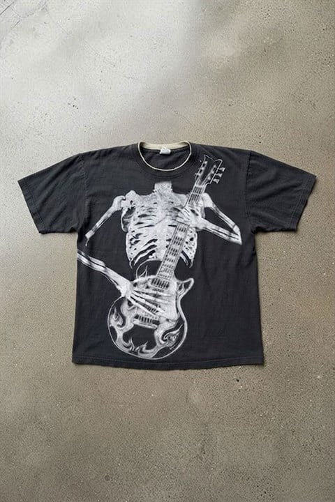 Siyah Skeleton Guitar Gotik Y2K Unisex T-Shirt