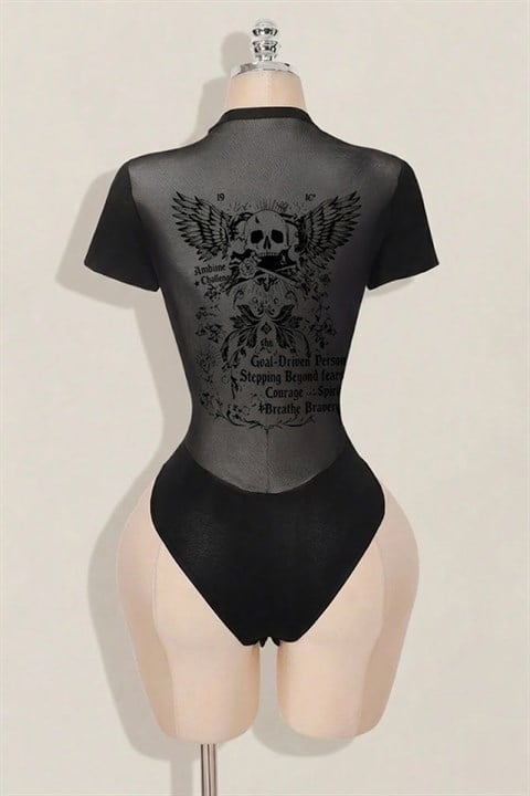 Siyah Skull Ambition Gotik Rose Transparan Kısa Kollu Çıtçıtlı Body