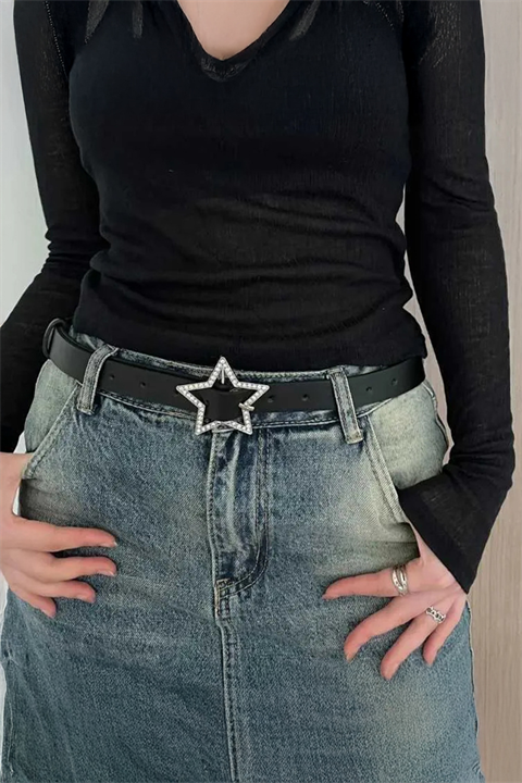 Siyah Star Taşlı Deri Kemer