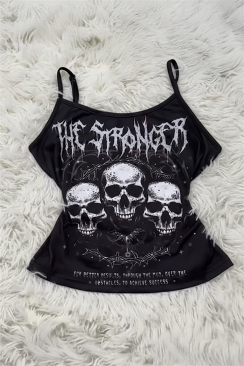 Siyah The Stronger Gotik Y2K Askılı Crop