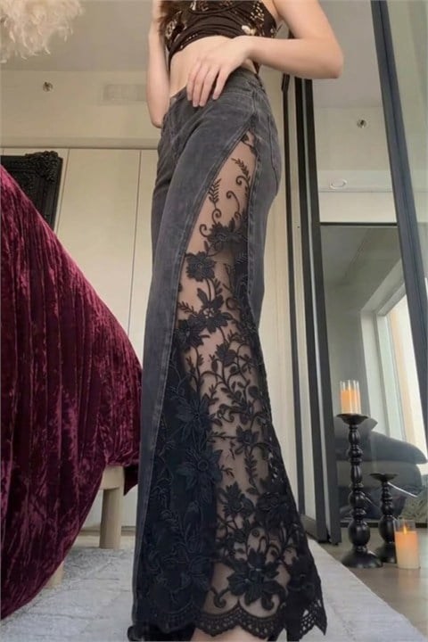 Siyah Tıkamalı Dantelli Vintage Baggy Pantolon