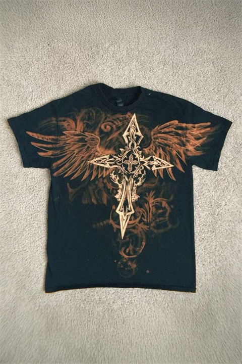 Siyah Vintage Aesthetic Winged Cross Y2K Unisex T-Shirt