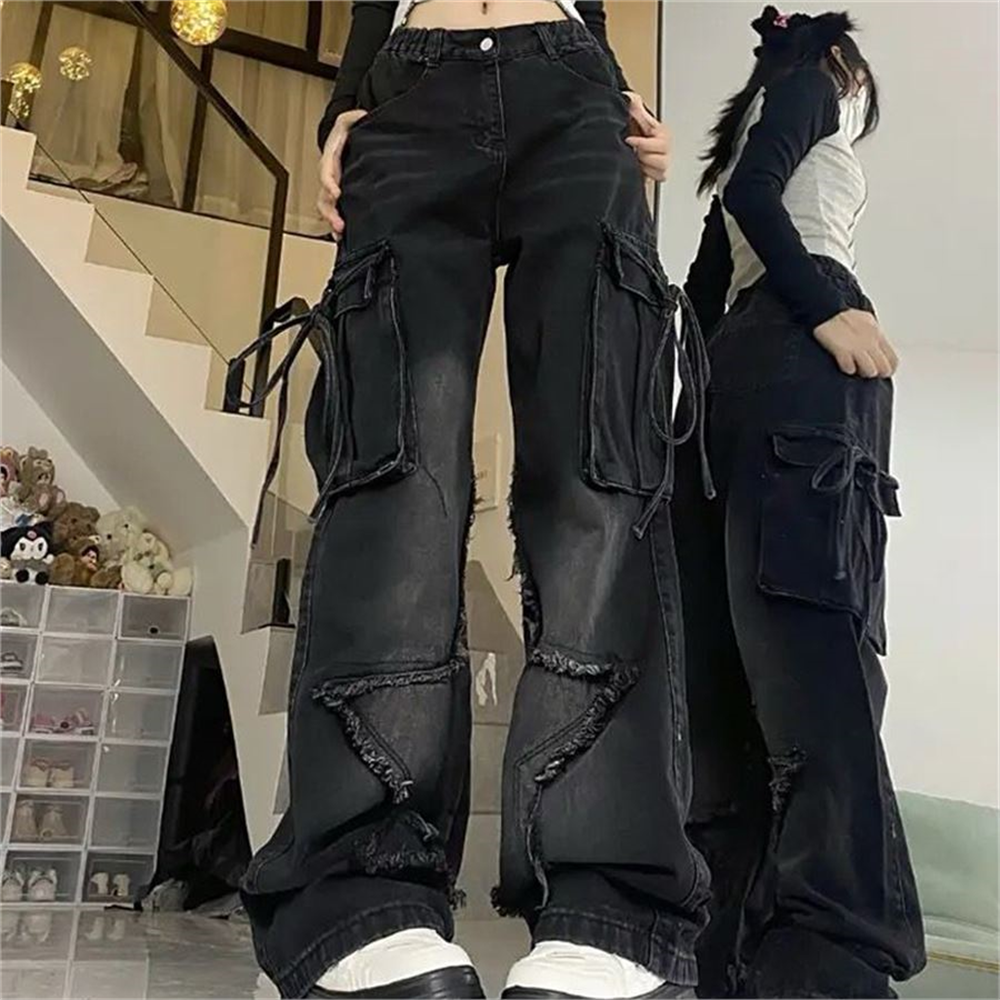 Siyah Yıldız Yamalı Vintage Kargo Cepli Baggy Kot Pantolon