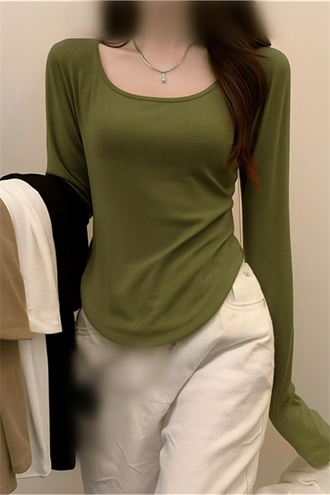 Yeşil Yeni Basic Y2K Uzun Kollu Crop