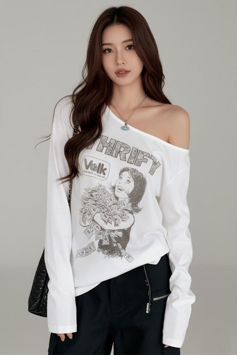 Beyaz Thrift Geniş Yaka Y2K Uzun Kollu Crop
