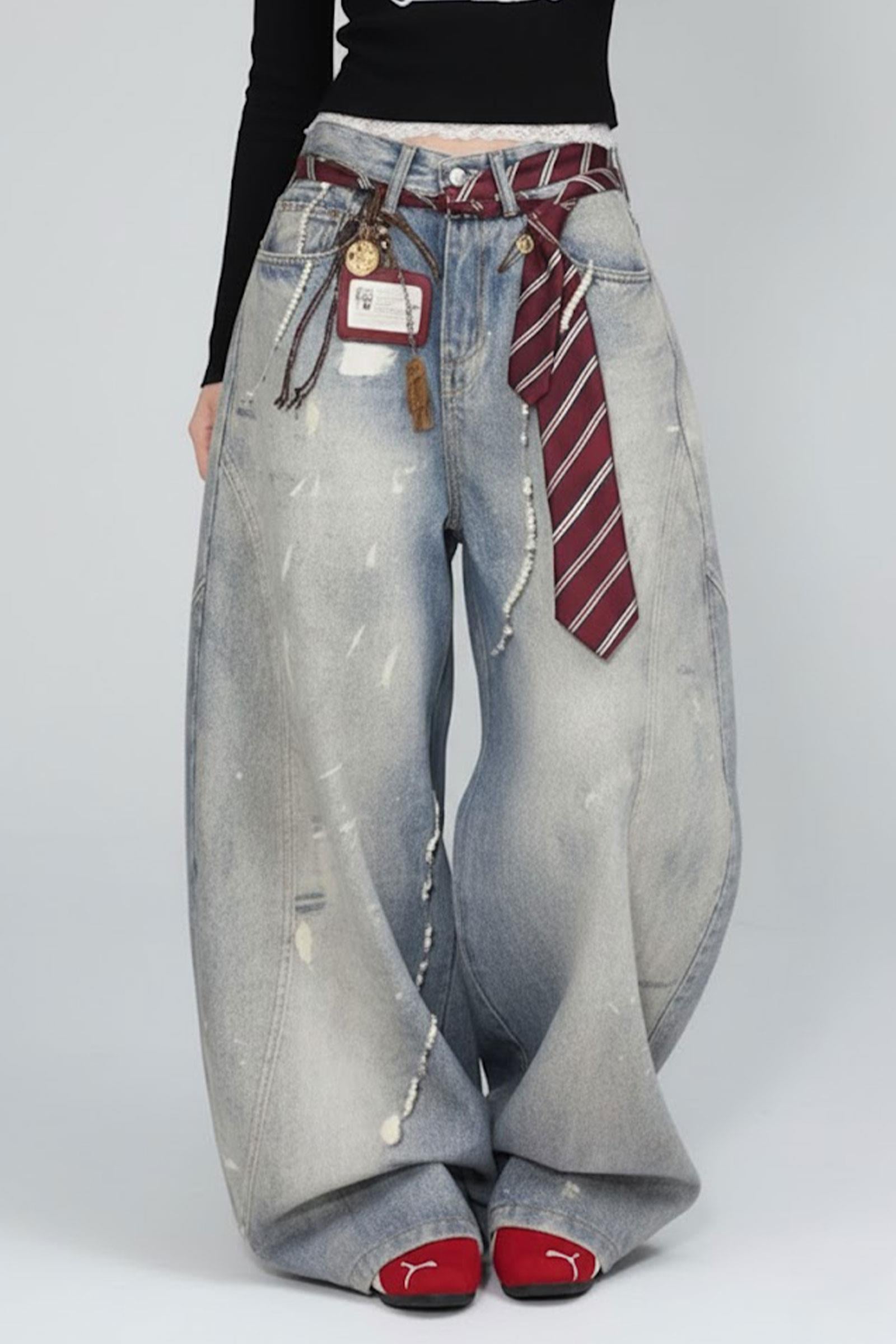 Buz Mavisi Kravat Baskılı Wide Leg Unisex Baggy Pantolon