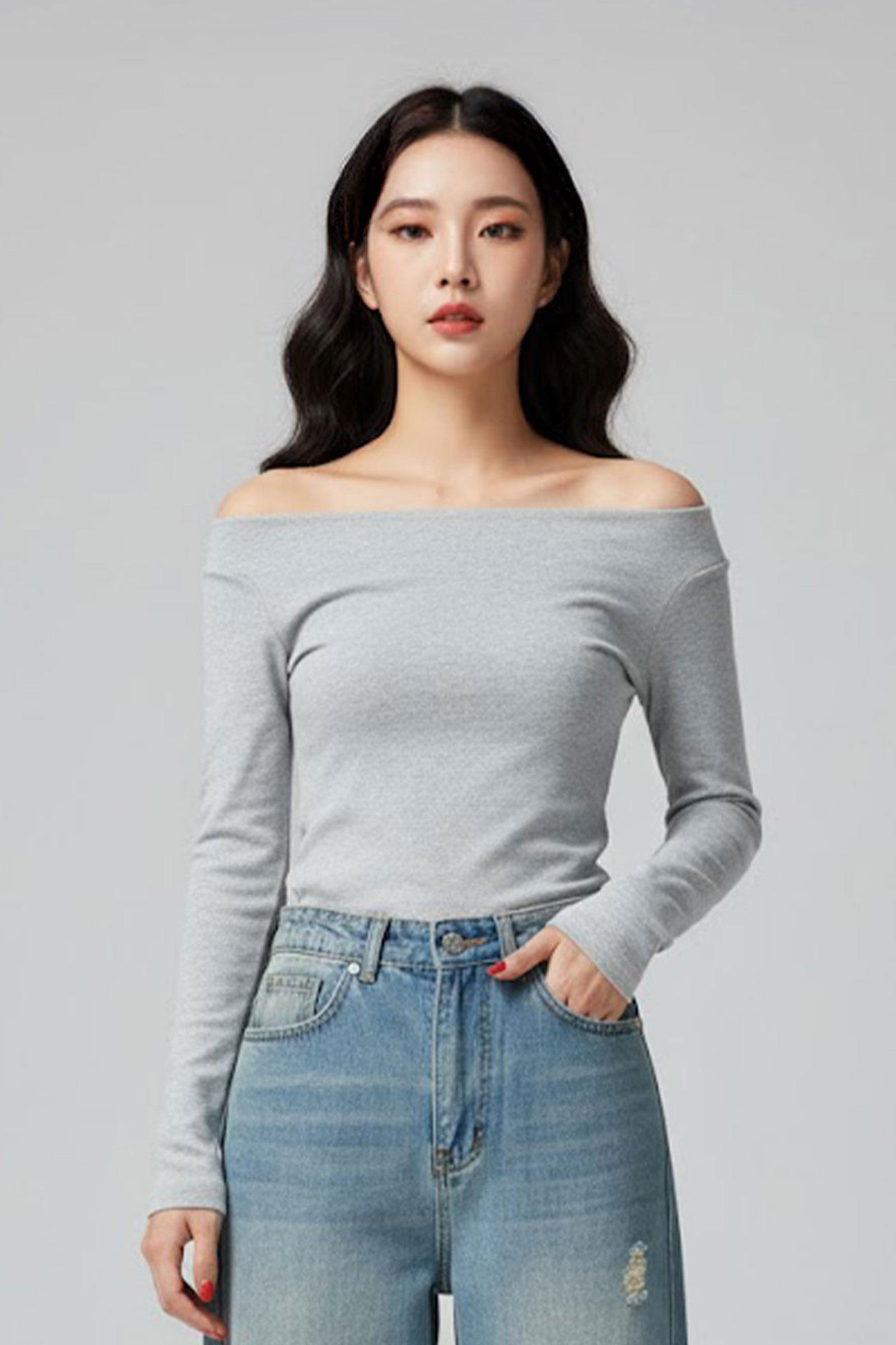 Gri Melanj Omuz Dekolteli Y2K Uzun Kollu T-shirt