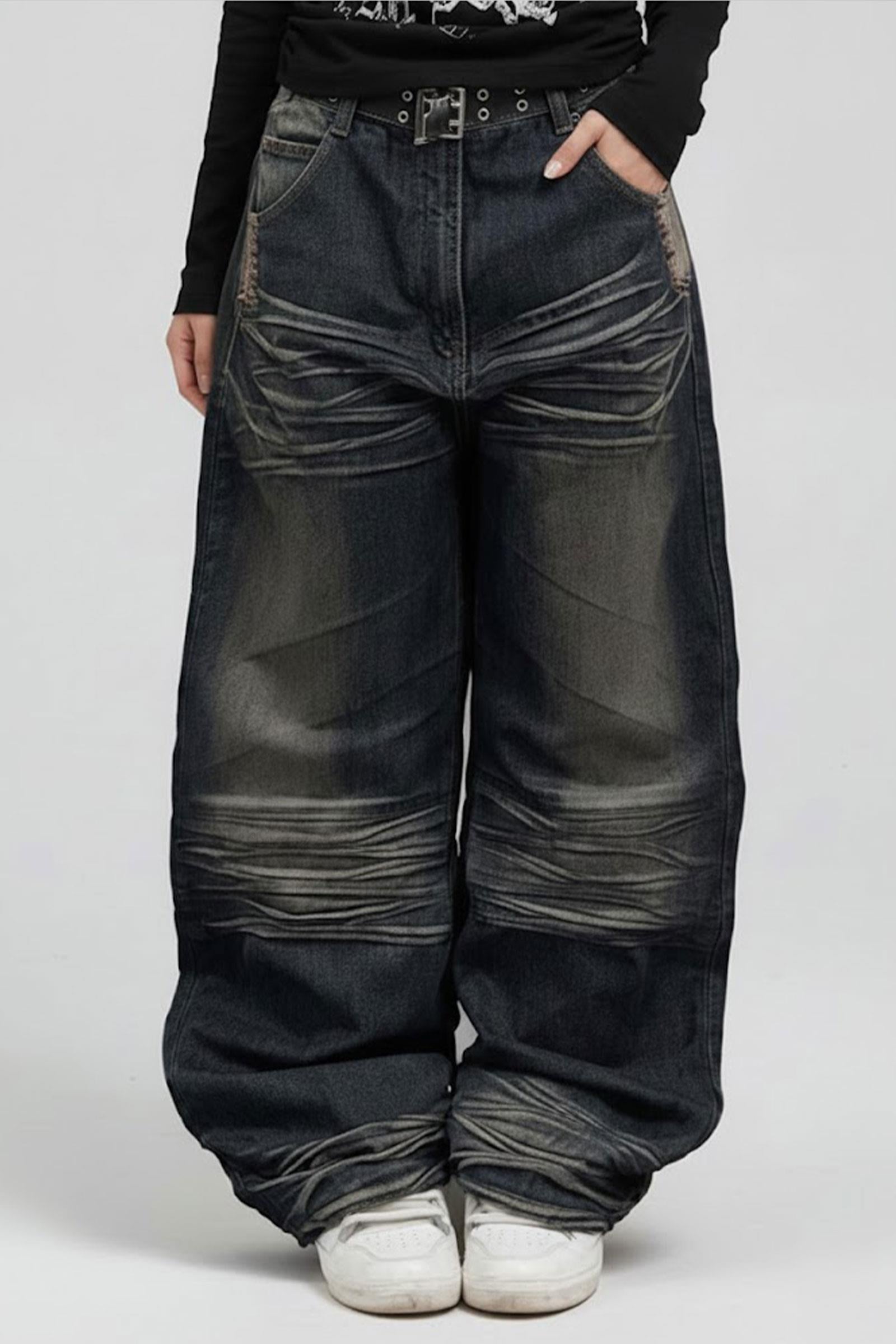 Lacivert Vintage Eskitme Baskılı Streetwear Unisex Baggy Pantolon