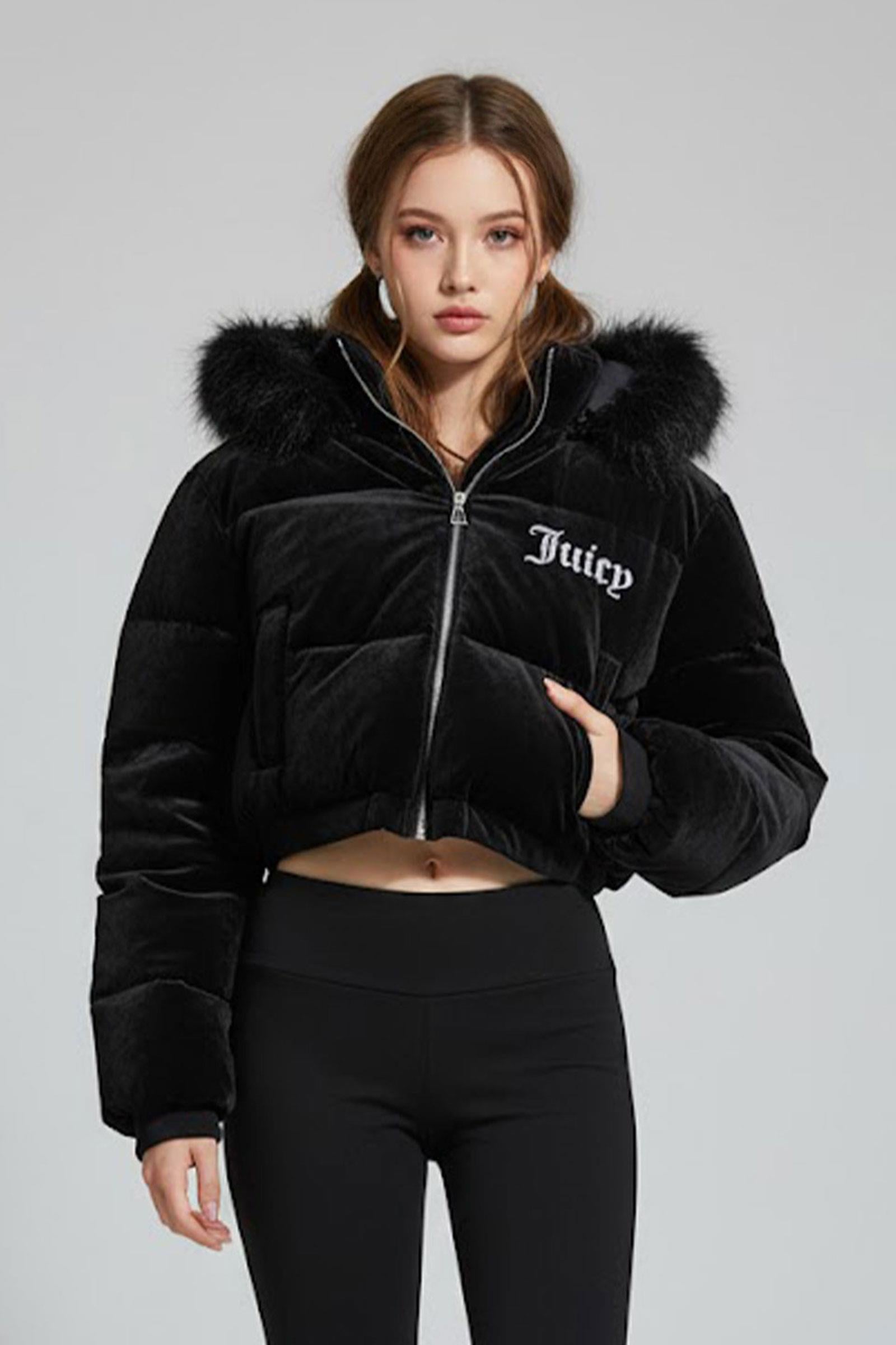 Siyah Juicy Peluş Kapüşonlu Şişme Crop Mont