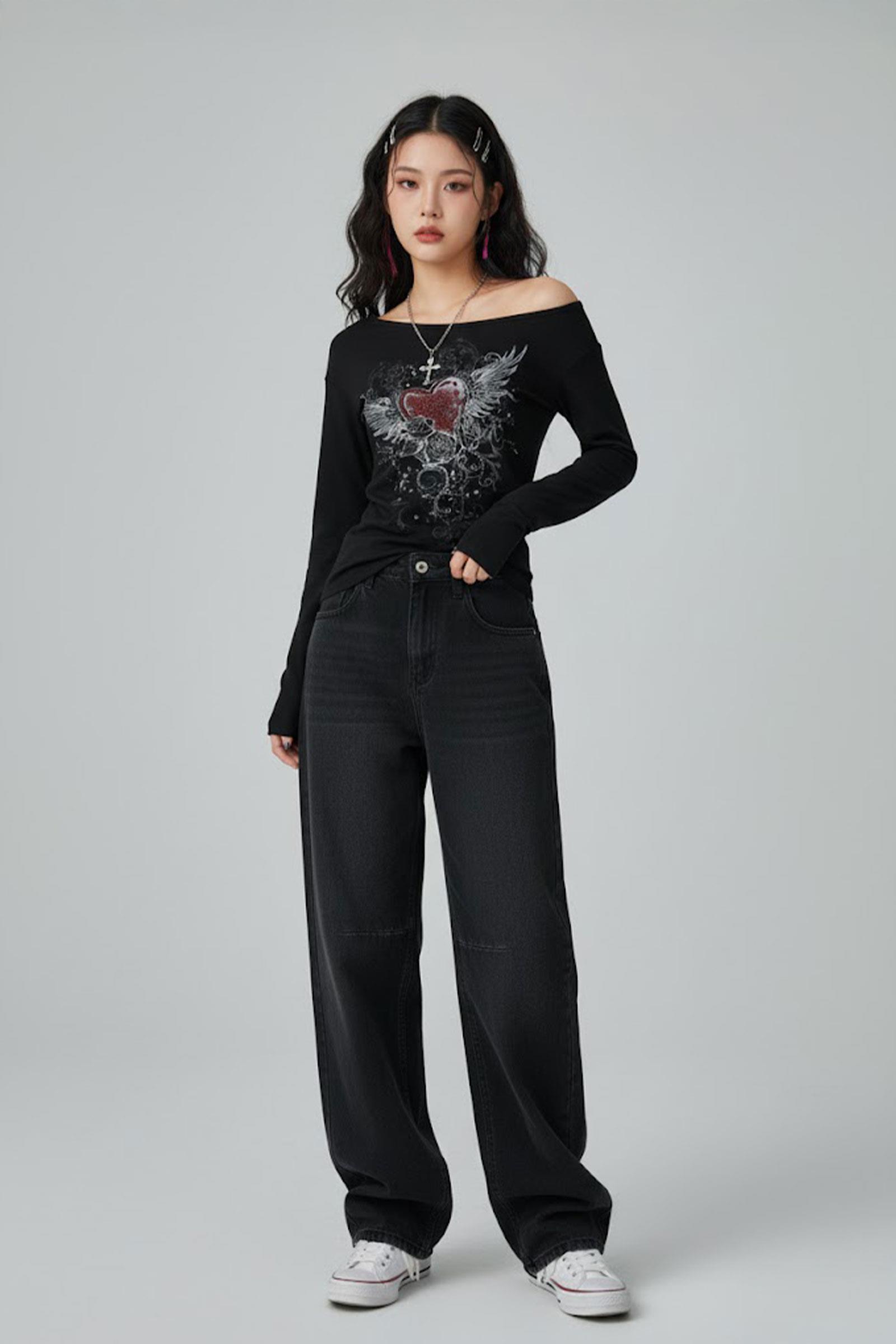 Siyah Rose Red Heart Gotik Y2K Uzun Kollu Crop