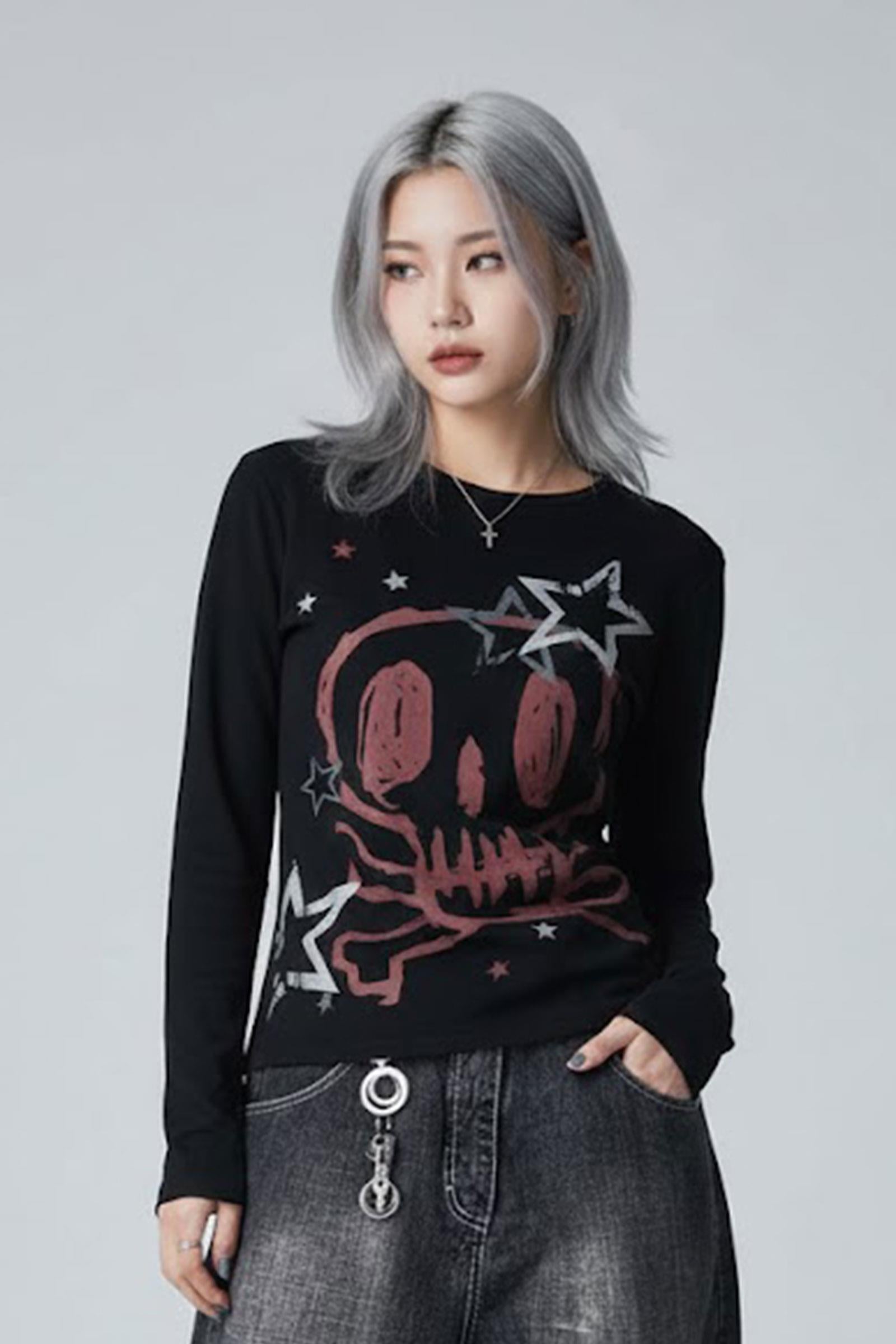 Siyah Skull Stars 2K Uzun Kollu Crop