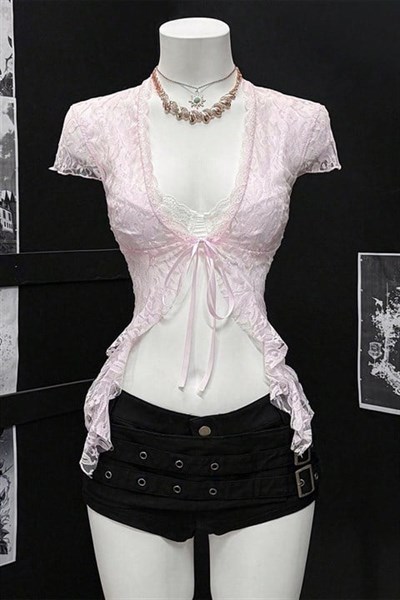Pembe Dantelli Bağlamalı Bolero Y2K Kısa Kollu Crop