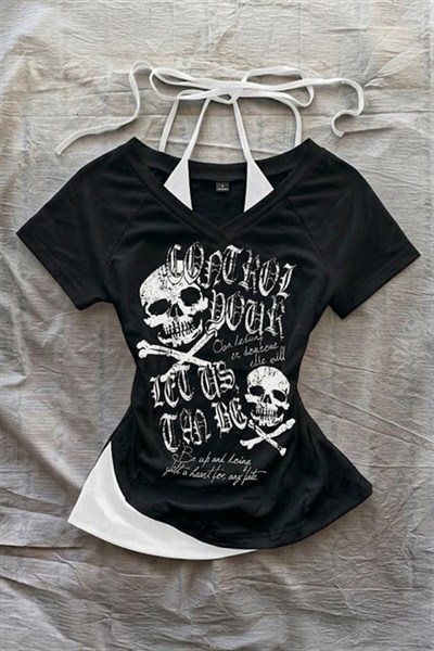 Siyah Gotik Skulls Control Ek Askılı Y2K Kısa Kollu Crop