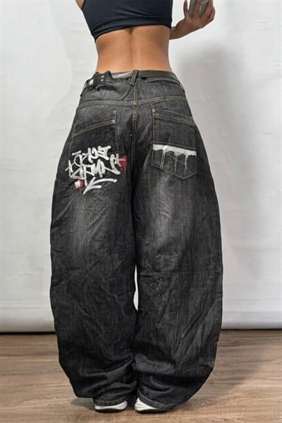 Siyah Grafiti Yıkamalı Harajuku Baggy Y2K Unisex Pantolon