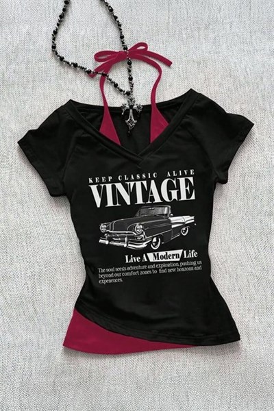 Siyah Vintage Modern Life Ek Askılı Y2K Kısa Kollu Crop