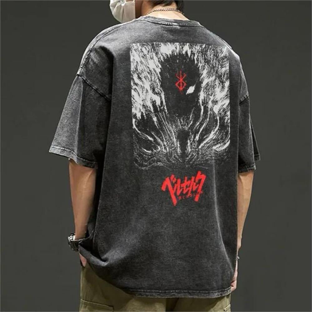 Antrasit Anime Berserk : Guts Yıkamalı Kumaş (Unisex) Kısa Kollu T-Shirt