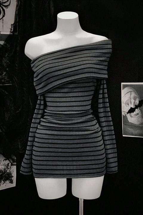 Antrasit Siyah Çizgili Omuz Dekolteli Uzun Kollu Bodycon Elbise