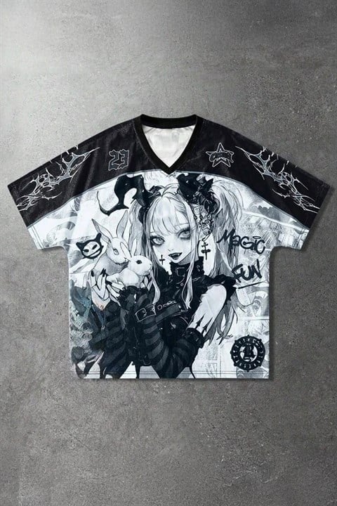 Beyaz Anime Goth Girl Magic Fun Jersey Unisex Forma