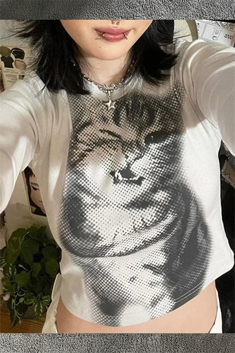 Beyaz Baby Cat Gotik Y2K Uzun Kollu Crop