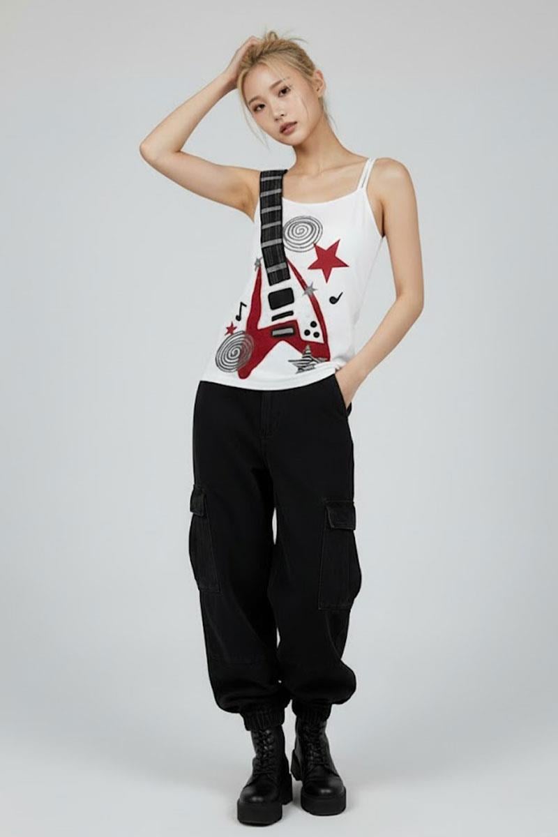 Beyaz Gitar Askılı Y2K Askılı Crop
