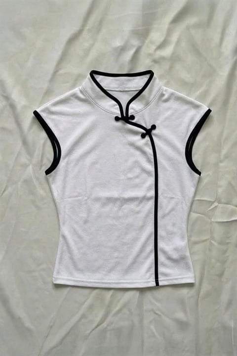 Beyaz Mandarin Yaka Siyah Şeritli Qipao Y2K Kısa Kollu Crop