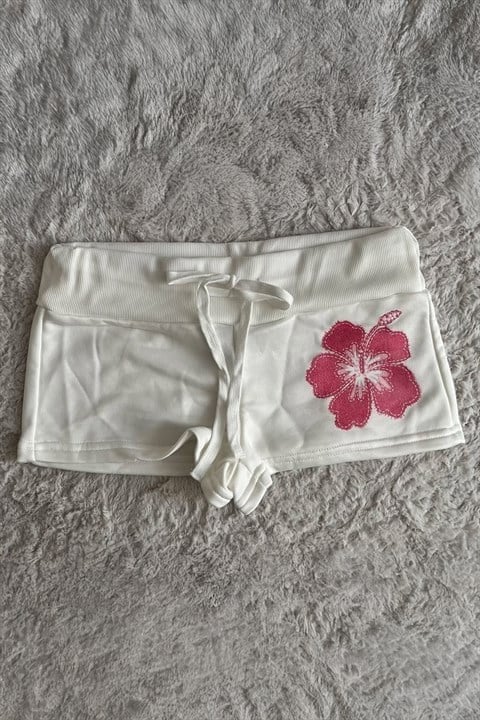 Beyaz Pembe Hibiskus Çiçeği İpli Y2K Mini Şort
