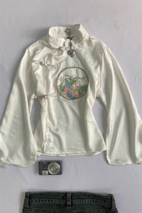 Beyaz Qipao Nakış Deatylı Y2K Uzun Kollu Crop