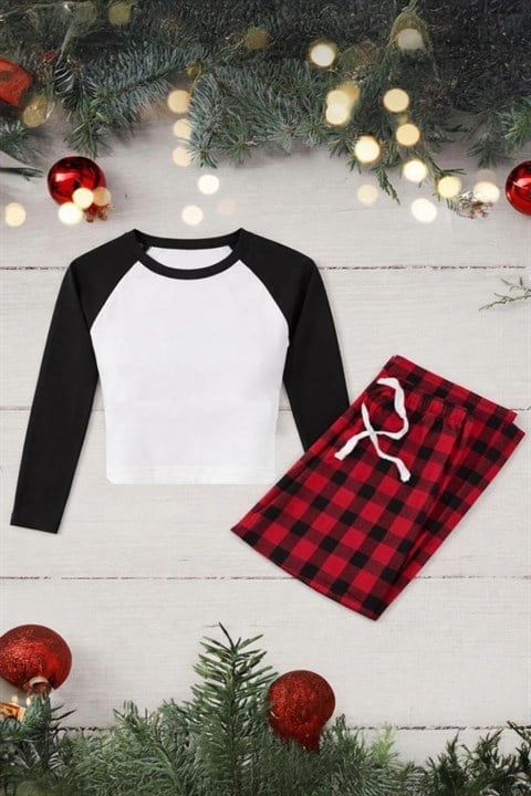 Beyaz Raglan Crop Siyah Kollu Pijama Takımı