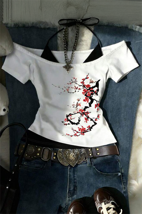 Beyaz Sakura Ek Askılı Y2K Kısa Kollu Crop