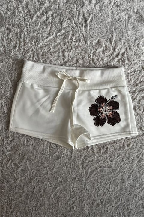 Beyaz Siyah Hibiskus Çiçeği İpli Y2K Mini Şort