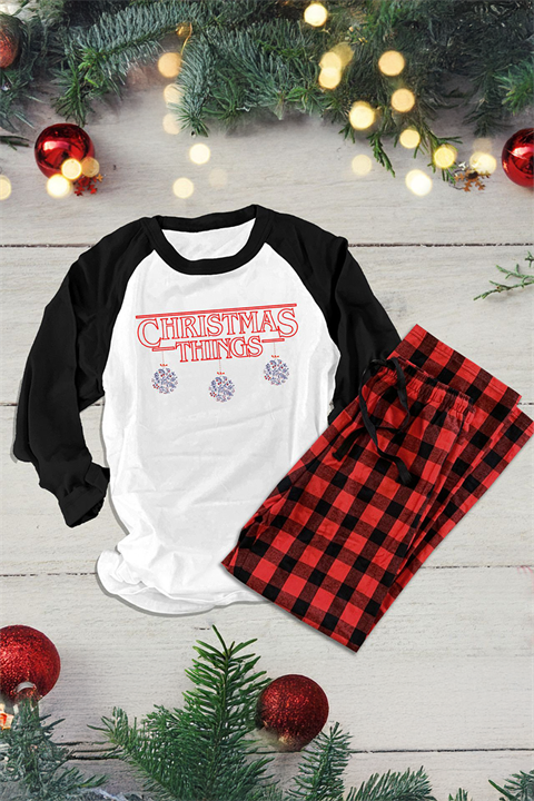 Beyaz Stranger Things Raglan Siyah Kollu Kırmızı Ekoseli Unisex Pijama Takımı