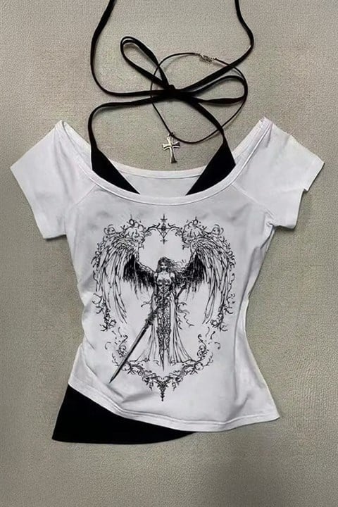 Beyaz Sword Warriror Angel Madonna Yaka Ek Askılı Full Body Y2K Kısa Kollu Crop