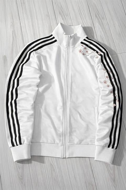 Beyaz Üç Şeritli Sakura Ağacı Y2K Unisex Hırka