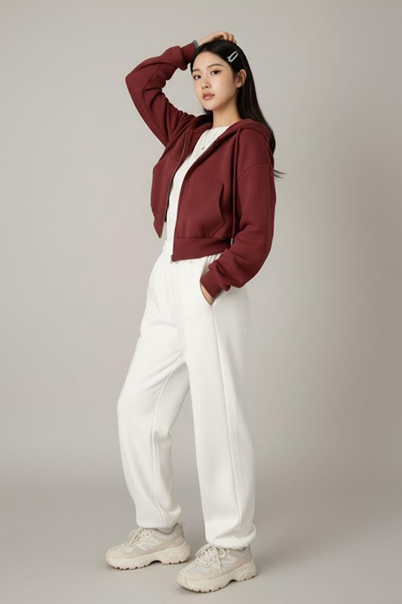Bordo Crop Top Kalın Kumaş Kapüşonlu Crop Hırka