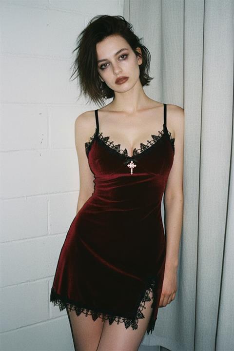 Bordo Gotik Haç Kolyeli Yırtmaç Detaylı Askılı Elbise