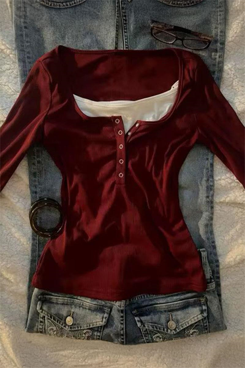 Bordo Henley Yaka Ekli Grunge Y2K Uzun Kollu Crop