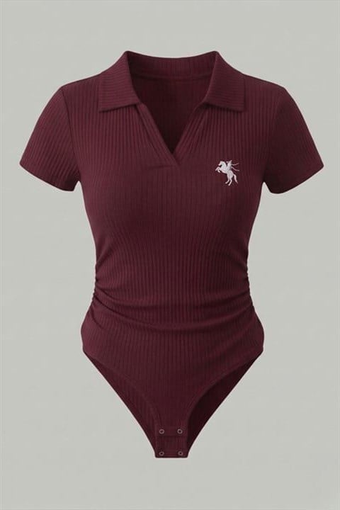 Bordo Polo Ribana Y2K Çıtçıtlı Body